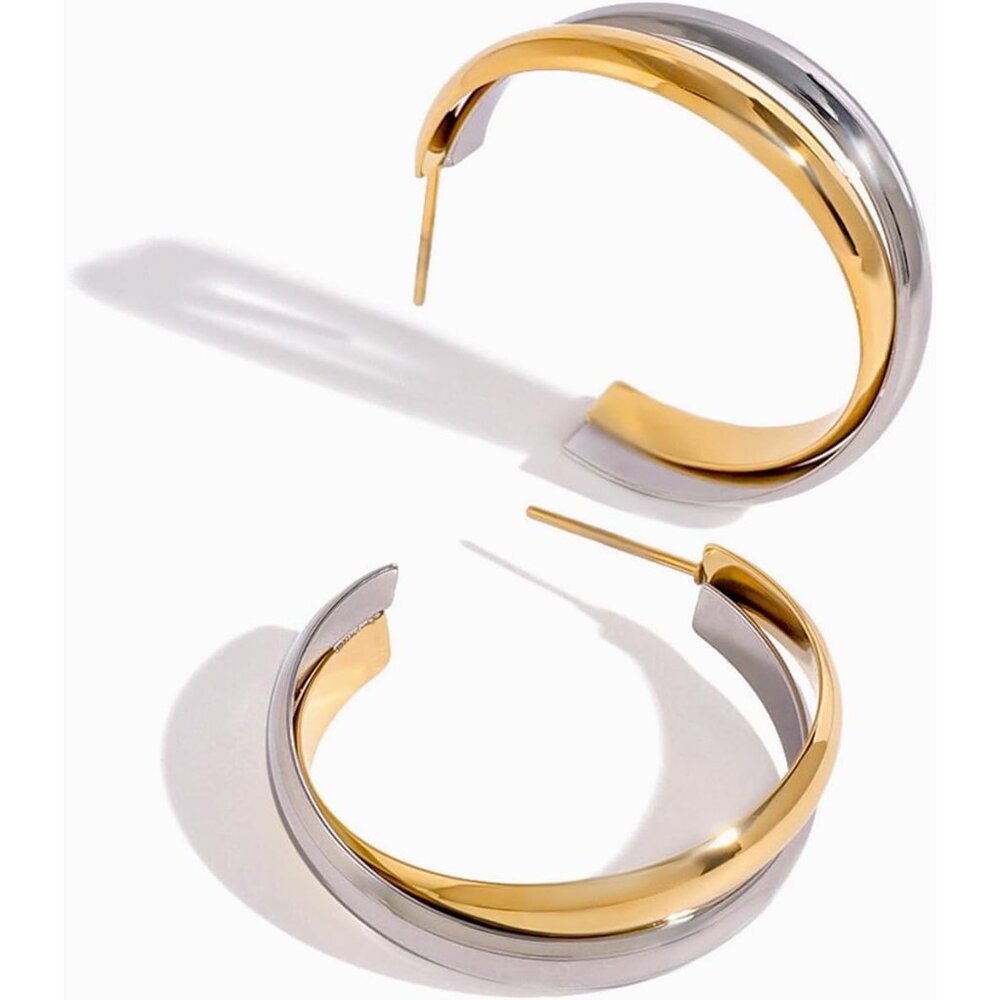 Chunky Hoop Earrings for Women 18K Gold Plated Lightweight Trendy Hammered Open